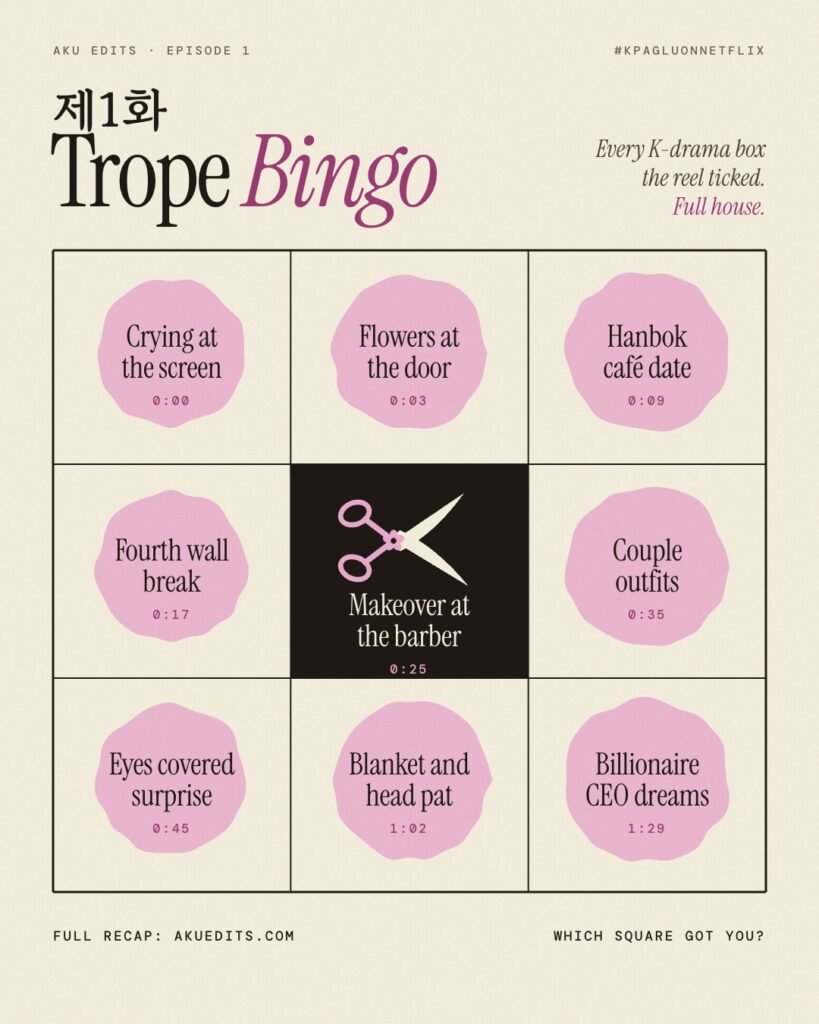 Trope bingo card with nine squares, all ticked: crying at the screen, flowers at the door, hanbok café date, fourth wall break, makeover at the barber, couple outfits, eyes covered surprise, blanket and head pat, billionaire CEO dreams.